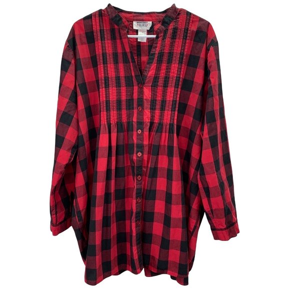 Buffalo Check Tunic Top Peasant Top Red Black Plus size 1X Pleated Pullover - Picture 1 of 4